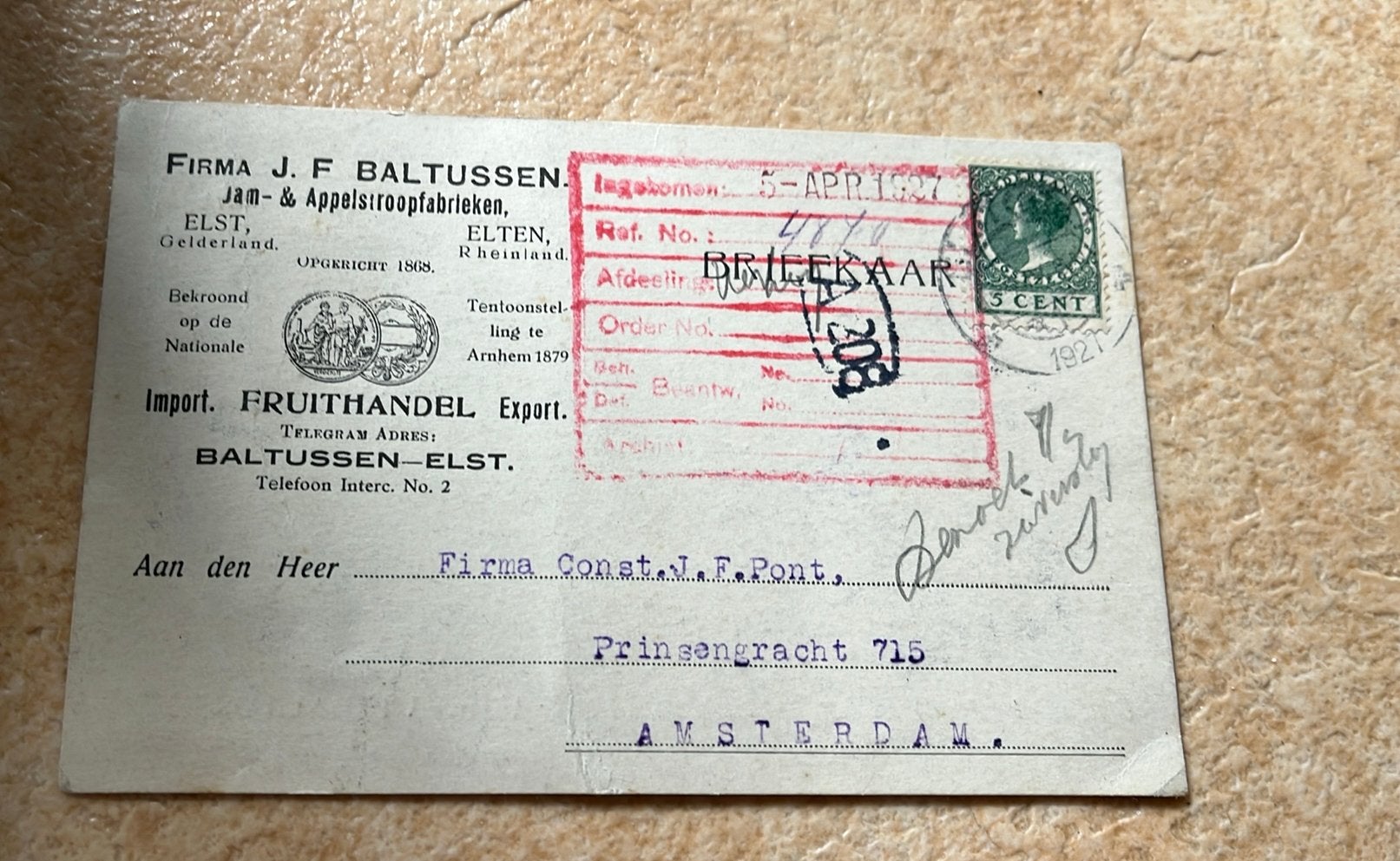 Elst 1927 Firma J F Baltussen Fruithandel, Ophalen of Verzenden, Briefkaart