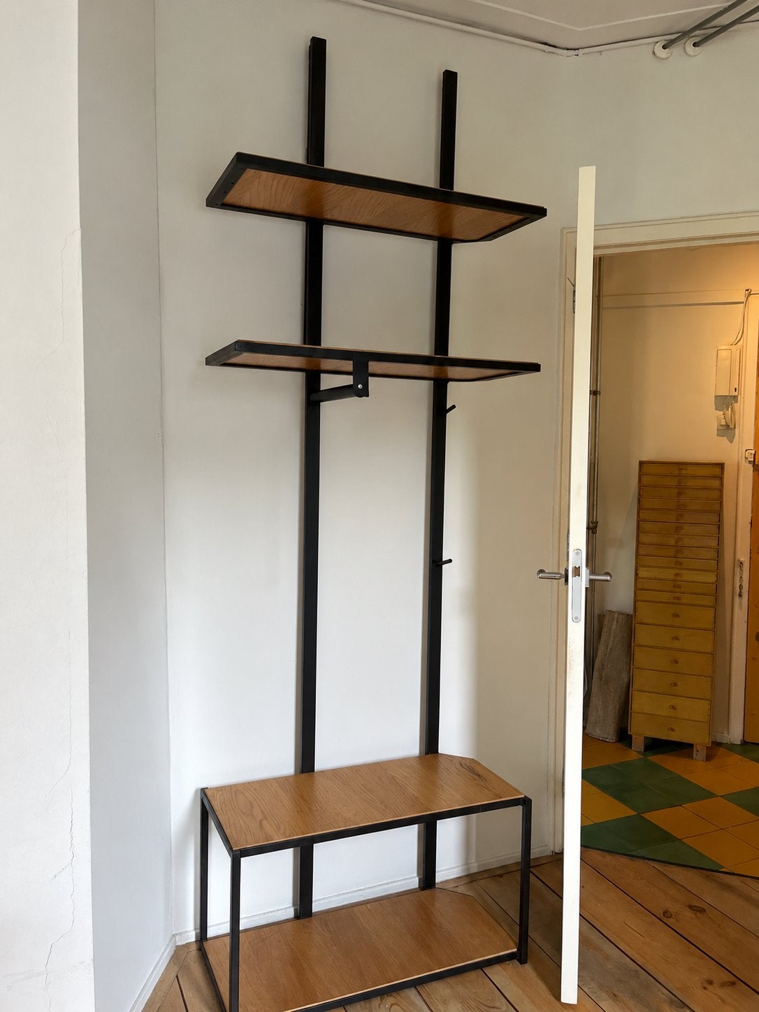 Handgemaakte industriële garderobe / kapstok – hout & staal, Zo goed als nieuw, Minder dan 100 cm, Hout, Ophalen