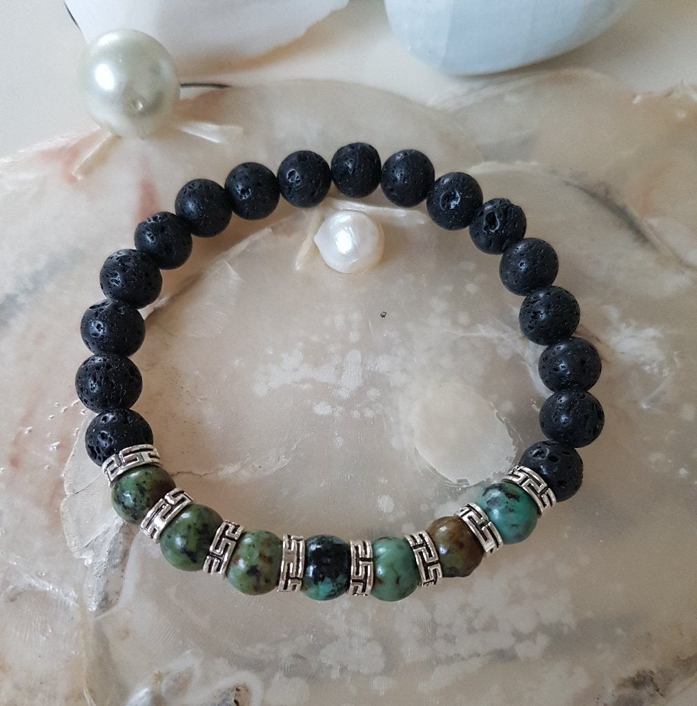 Heren Armband African Turquoise - Lava en oneindig Kralen, Sieraden, Tassen en Uiterlijk, Armbanden, Nieuw, Elastiek, Overige kleuren