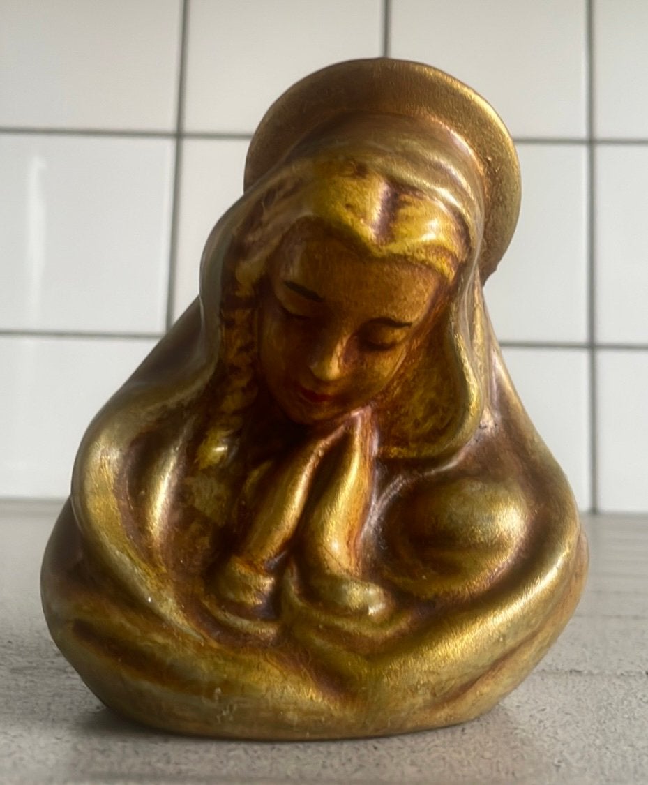 Prachtige Maria kandelaar goud waxinelichthouder, Ophalen of Verzenden, Zo goed als nieuw, Beeld(je)