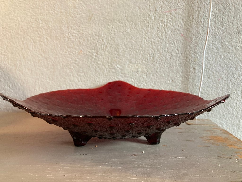 Retro vintage rood bobbels glazen schaal fruitschaal design, Schaal, Rond, Ophalen of Verzenden, Handgemaakt