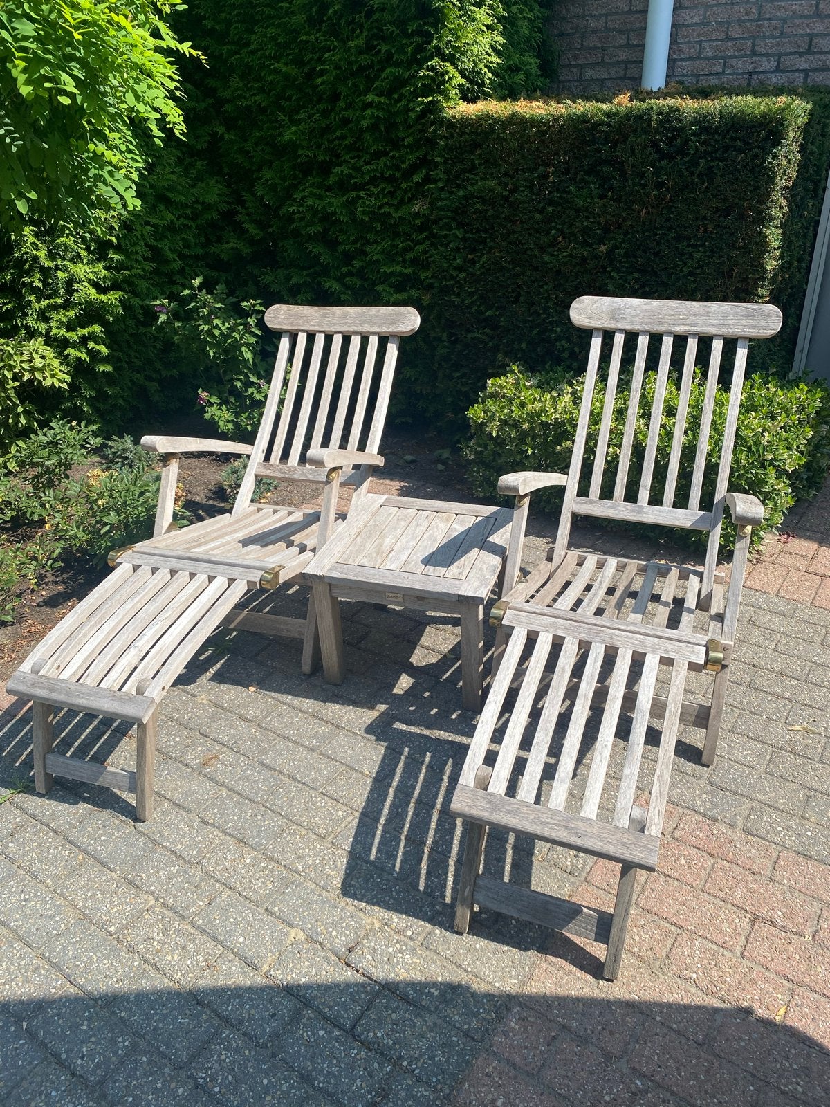 Teakhouten deckchairs met bijzettafel en kussens, Ophalen, Gebruikt, Teakhout, Verstelbaar