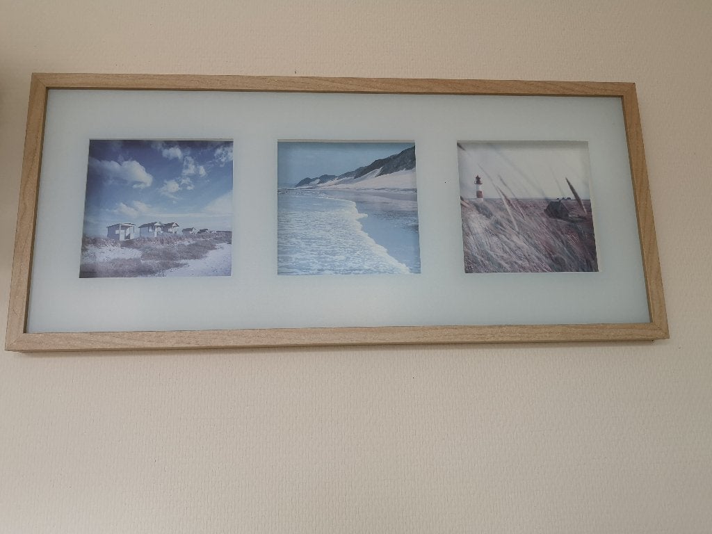houten lijst met drieluik zeezicht, Ophalen, Beige, Ingelijst werk, Ontspiegeld glas