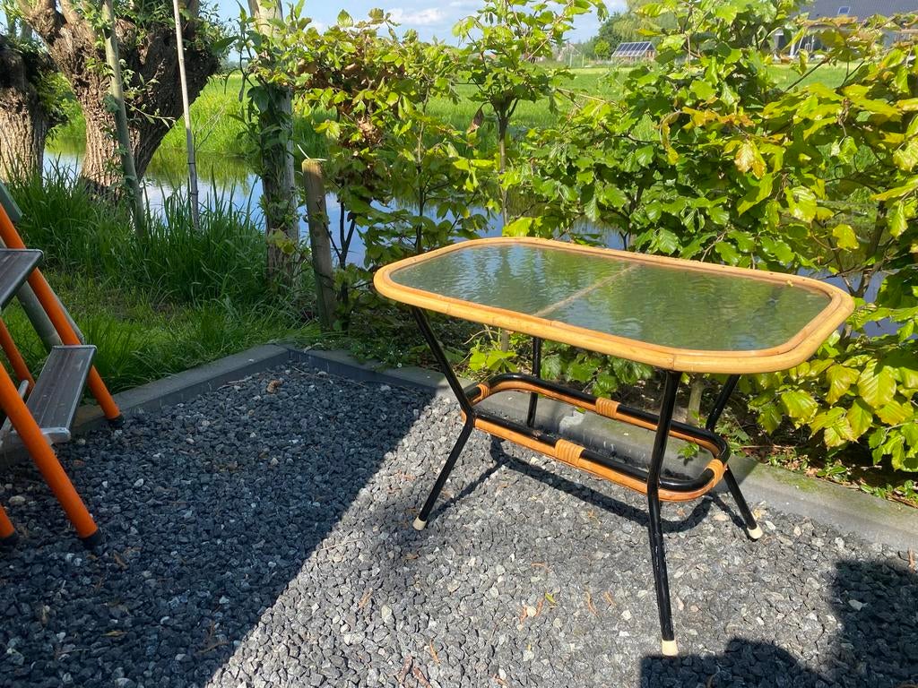 Vintage Rotan Glazen Salontafel Rohé Noordwolde Jaren 60, Huis en Inrichting, Tafels | Salontafels, Overige materialen, 100 tot 150 cm