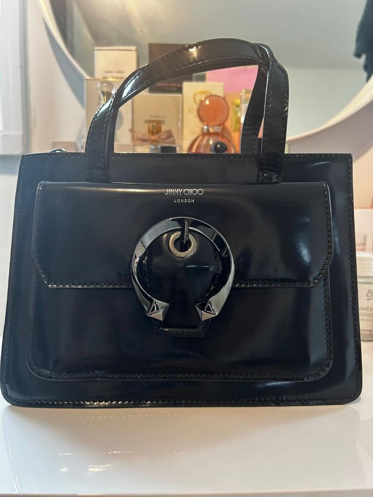 Jimmy Choo Tas Zwart Lakleer Handtas, Ophalen of Verzenden, Zo goed als nieuw, Zwart, Handtas