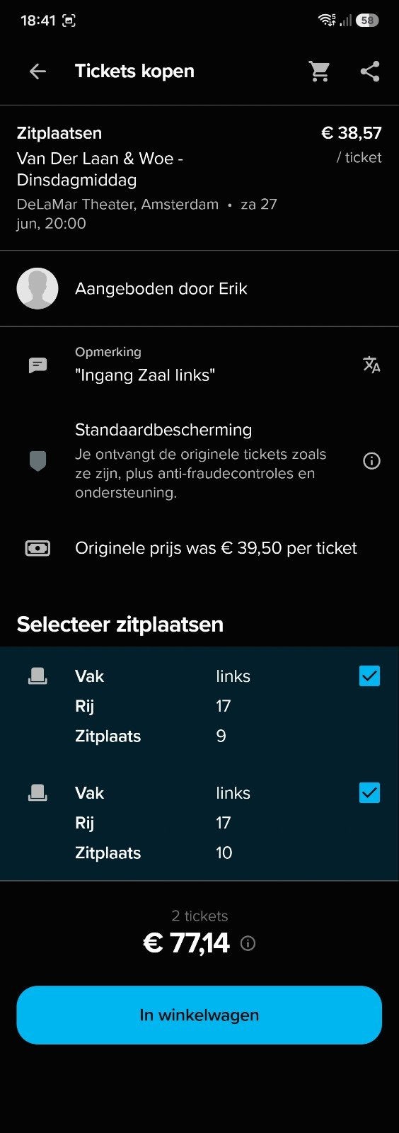 2 tickets Van der laan en Woe, zaterdag 27 juni Delamar, Tickets en Kaartjes, Twee personen, Juni