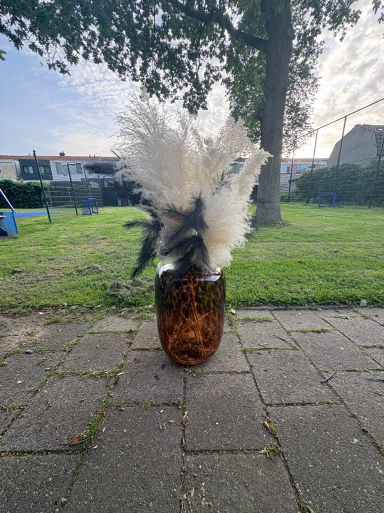 Grote vaas met pampas pluimen en zwarte veren, Ophalen, Overige kleuren, 75 cm of meer, Glas