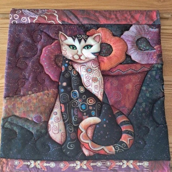 Kat poes wandkleed paars oranje recycled Klimt stijl 48x45, -, Handgemaakt, -, Meerkleurig