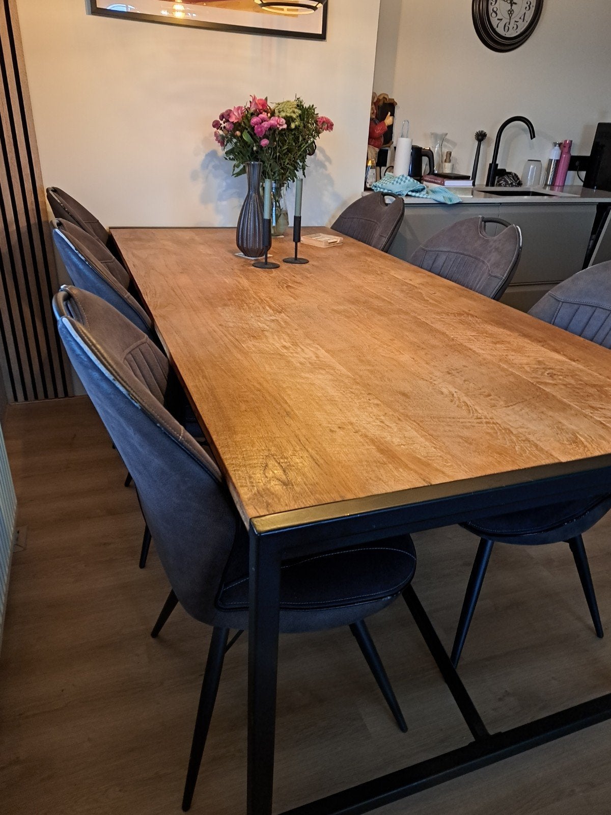Eettafel old wood/teak  220x100 cm met metalen frame, Ophalen, Teakhout, 200 cm of meer, Industrieel, Modern