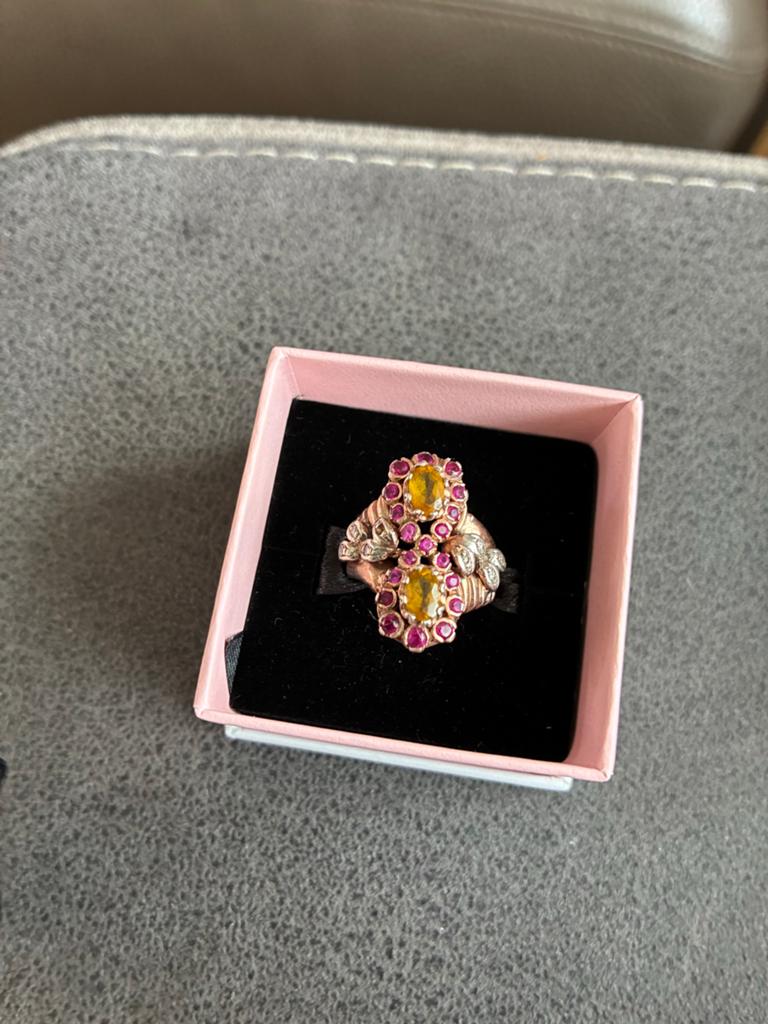 9K Gouden Ring met Zilver, Citrien, Robijn & Diamanten, Gebruikt, Ophalen of Verzenden, Kleiner dan 17, Met edelsteen