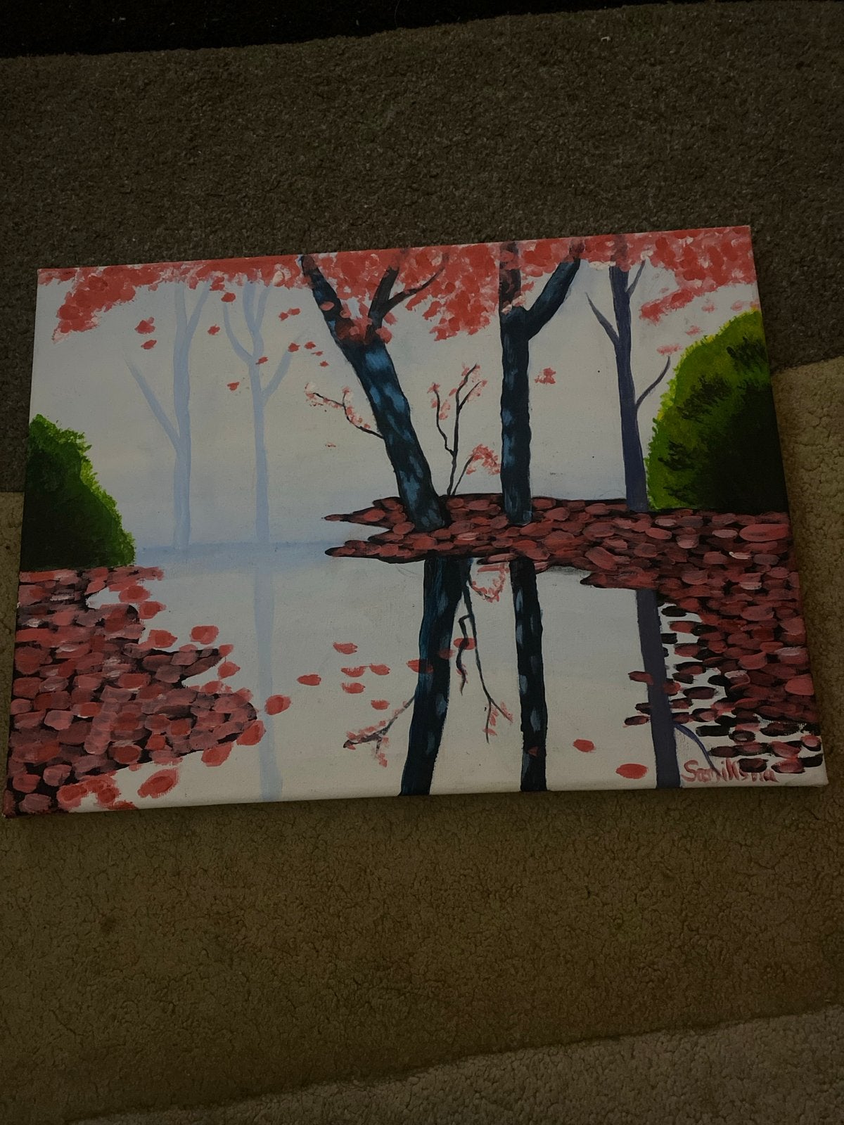Schilderij Herfstlandschap met Waterreflectie, Antiek en Kunst, Acrylverf, Handgeschilderd, Textiel, Landschap