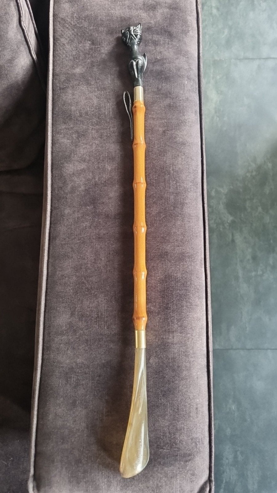 Vintage schoenlepel met bamboe handvat en kattenkop, Antiek en Kunst, Ophalen of Verzenden