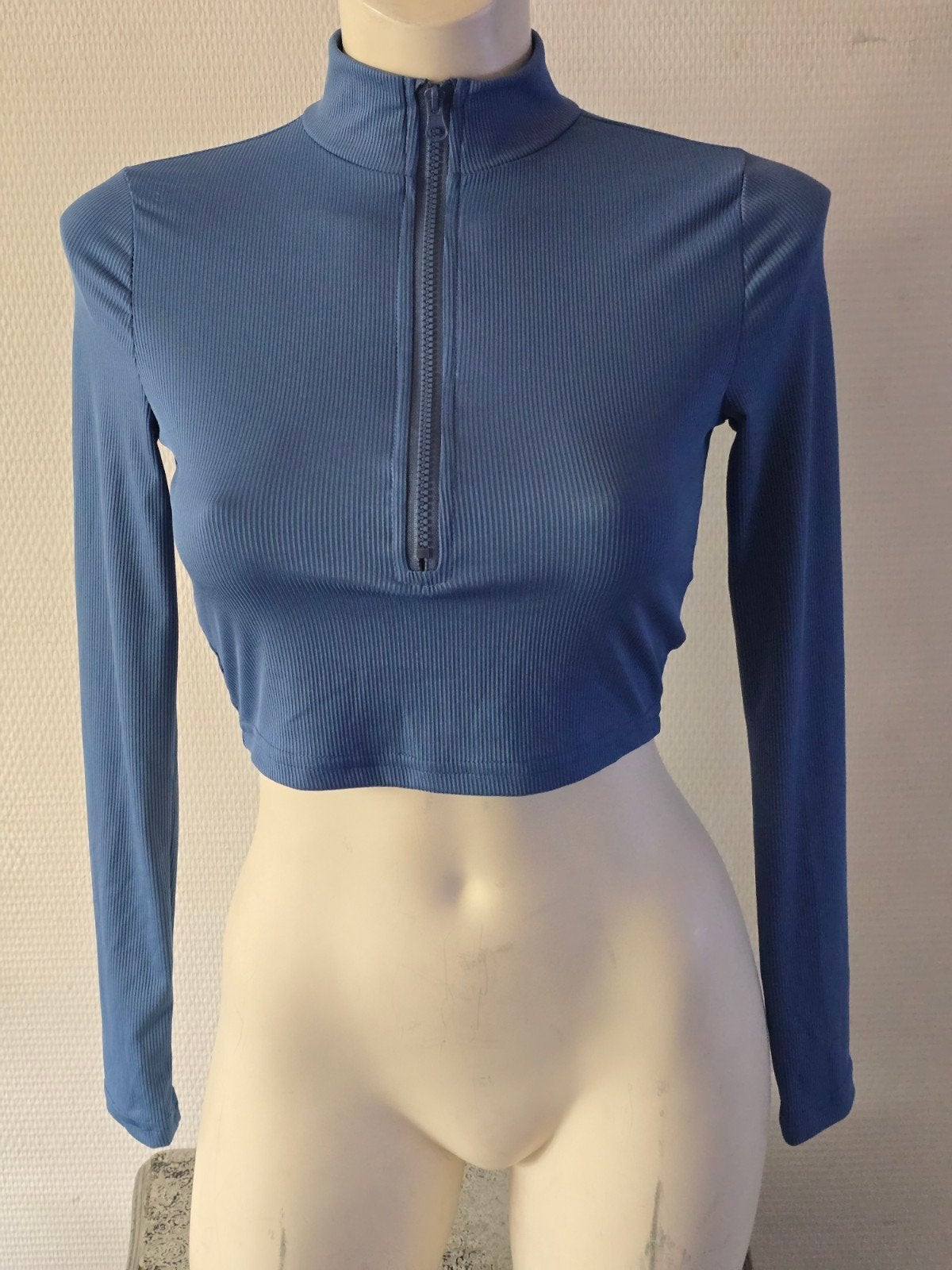 Shein geribbelde crop trui met rits maat S, Kleding | Dames, Blauw, Ophalen of Verzenden, Zo goed als nieuw, SHEIN