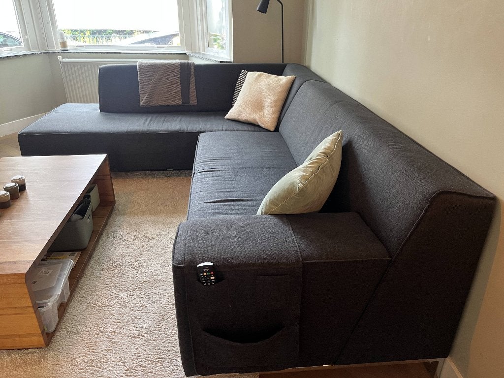 Montel hoekbank antraciet (met chaise longue), Ophalen, 250 tot 300 cm, Gebruikt, Modern, Design, Stijlvol