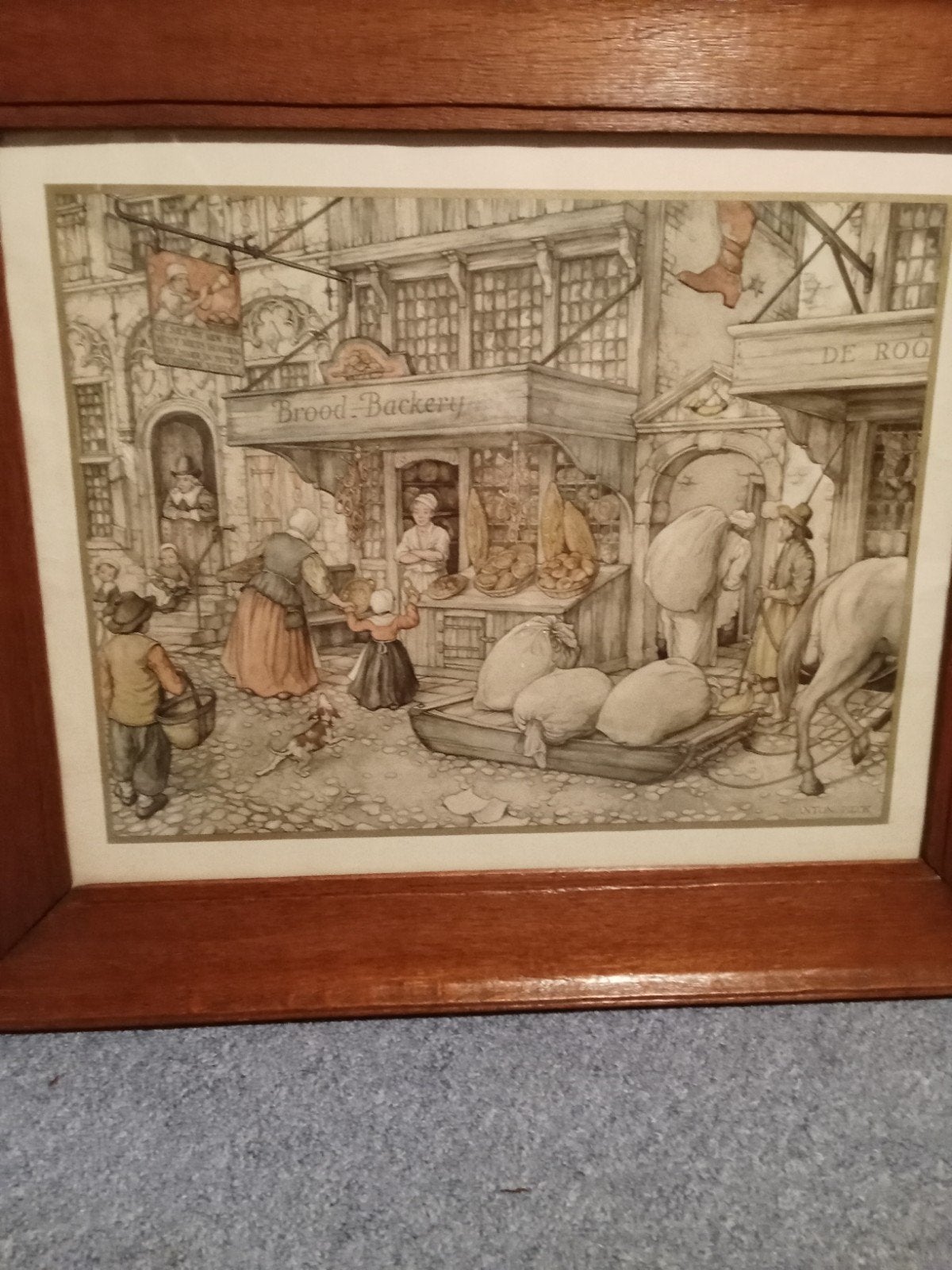 Anton Pieck Prent 'Brood-Backery' in houten lijst, Antiek en Kunst, Ophalen, Ingelijst, Stads- / dorpsgezicht, Overige ondergronden