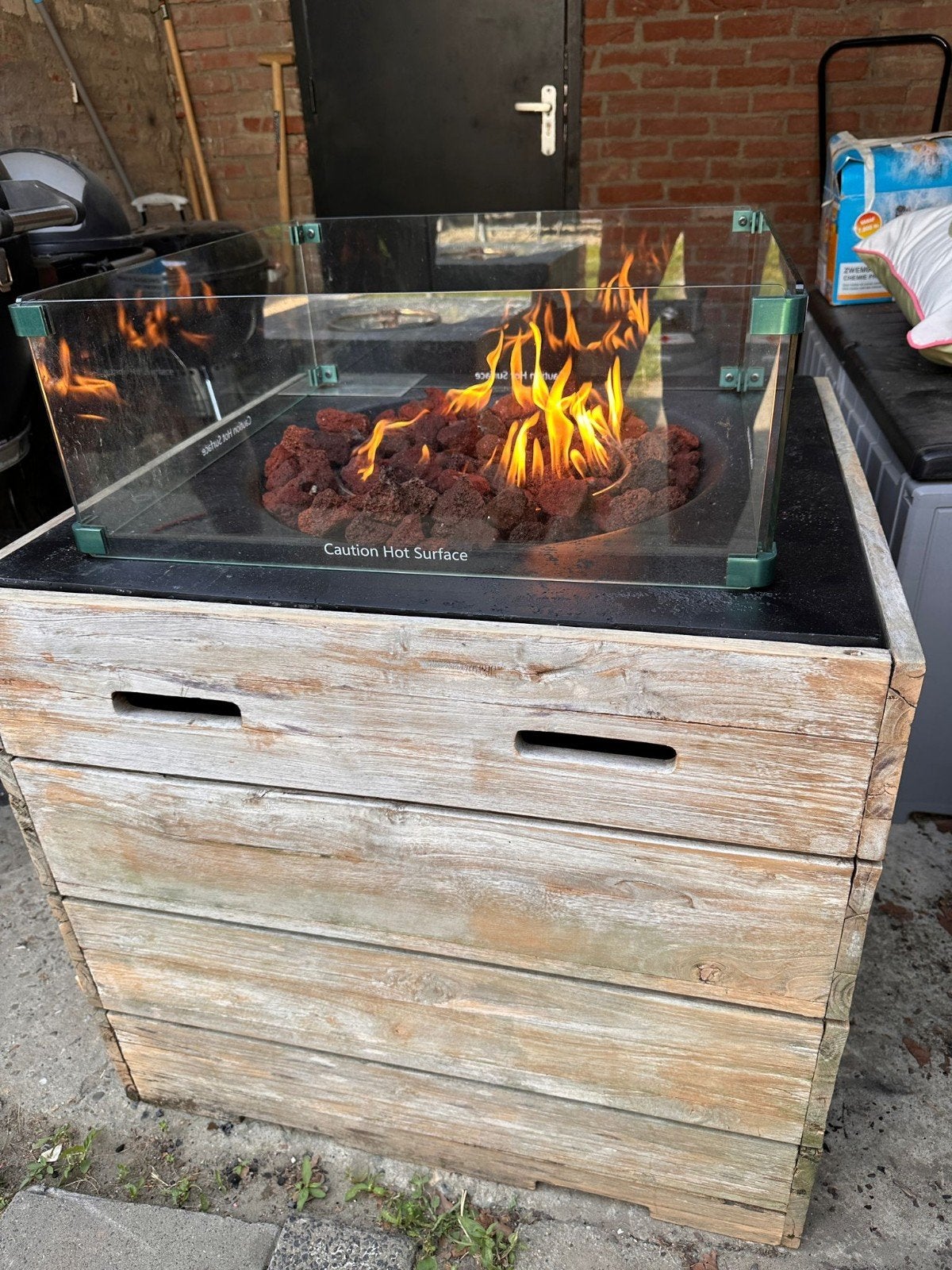 vuurtafel 76x76×68 op gas bij levering gelakt naar wens, Ophalen of Verzenden, Zo goed als nieuw