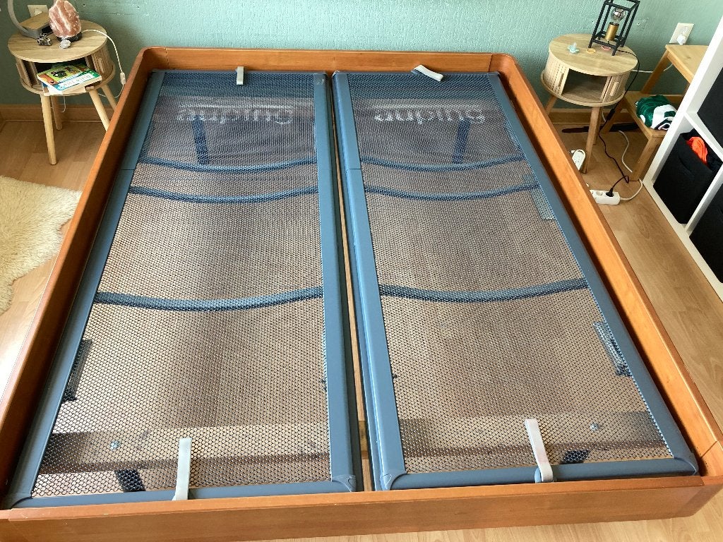 Auping Auronde 160x200 bedframe + spiraalbodems, Ophalen, Gebruikt, Bruin, Tweepersoons