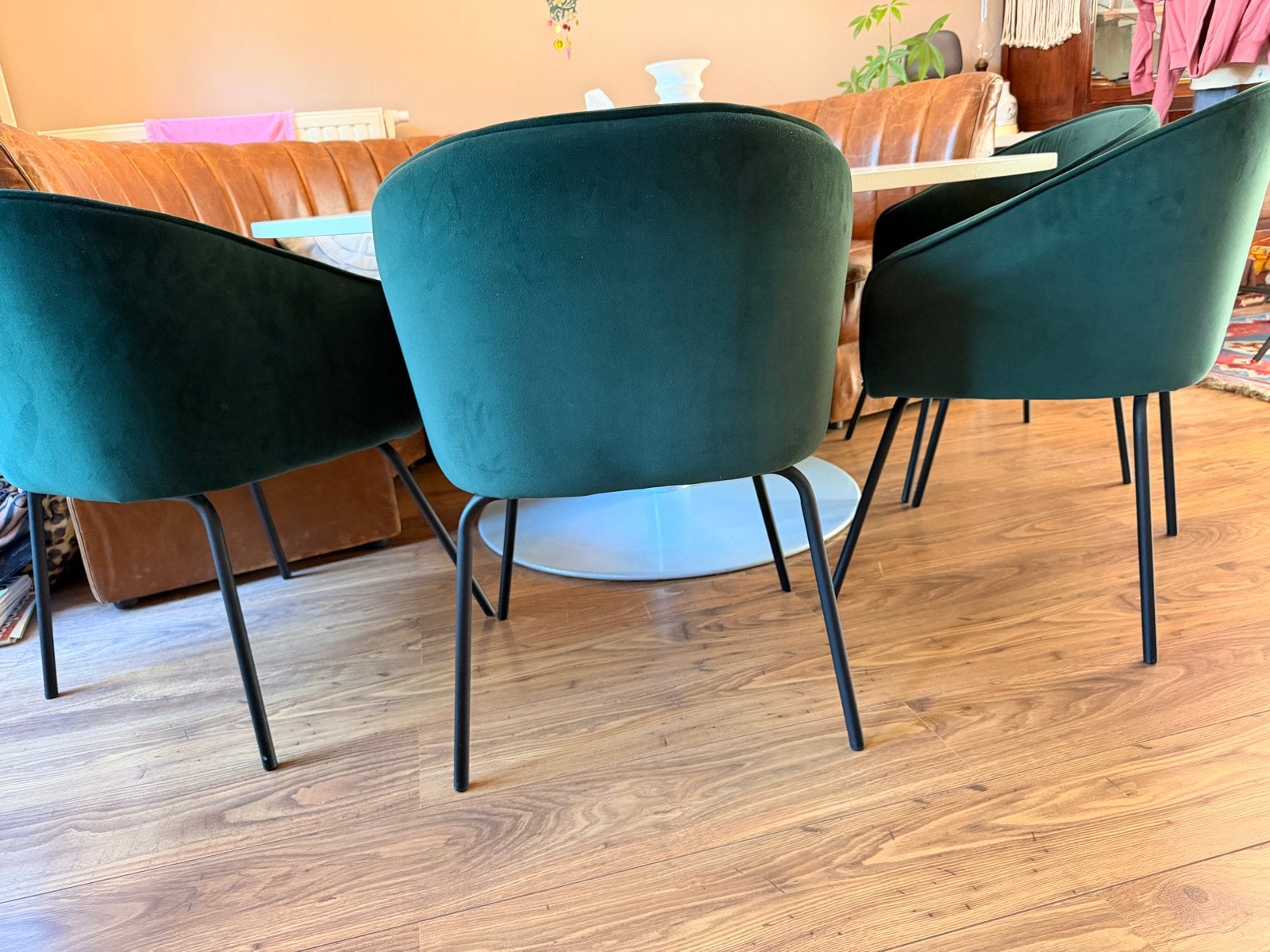 Set van 4 donkergroene fluwelen eetkamerstoelen, Ophalen, Overige kleuren, Zo goed als nieuw, Vier