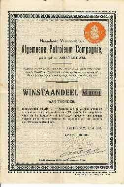 Algemene Petroleum Compagnie, Postzegels en Munten, Aandelen en Waardepapieren, Ophalen of Verzenden, Voor 1920, Aandeel