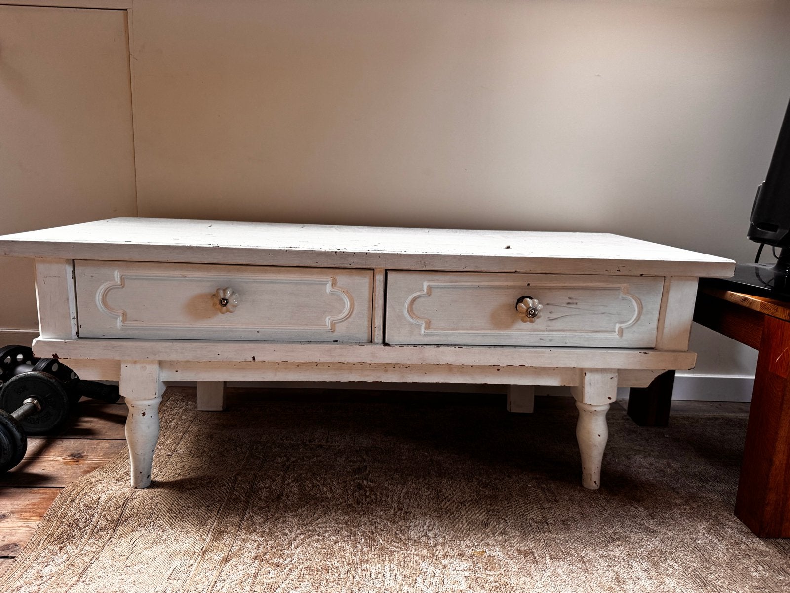 Vintage Salontafel met Lades - Wit Hout, Huis en Inrichting, Ophalen, Gebruikt, 50 tot 100 cm, 100 tot 150 cm
