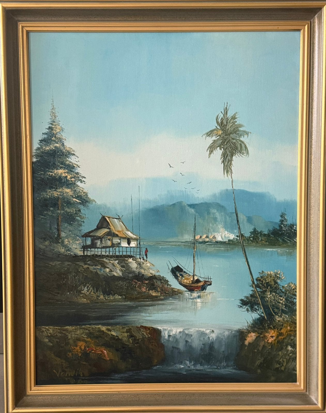 Aziatische meer/natuurlandschap, Antiek en Kunst, Kunst | Schilderijen | Klassiek, Ophalen, Maritiem / water, Overige stijlen
