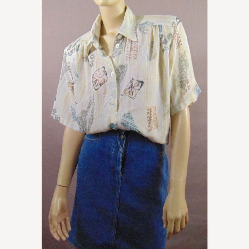 Vintage beige 90s blouse alloverprint maat 40, Maat 38/40 (M), Verzenden, Beige, Zo goed als nieuw