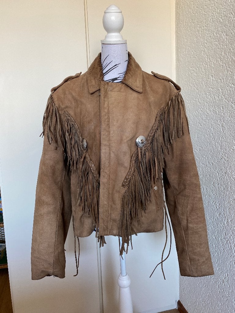 leren heren jas, met franjes, Maat 52/54 (L), Bruin, Ophalen of Verzenden, Gedragen