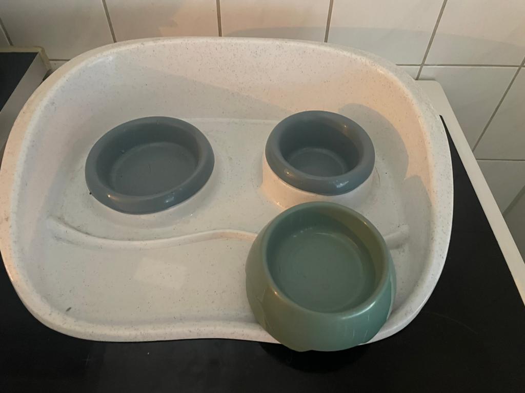 Voerplateau met bakjes hond/ kat, Ophalen, Zo goed als nieuw