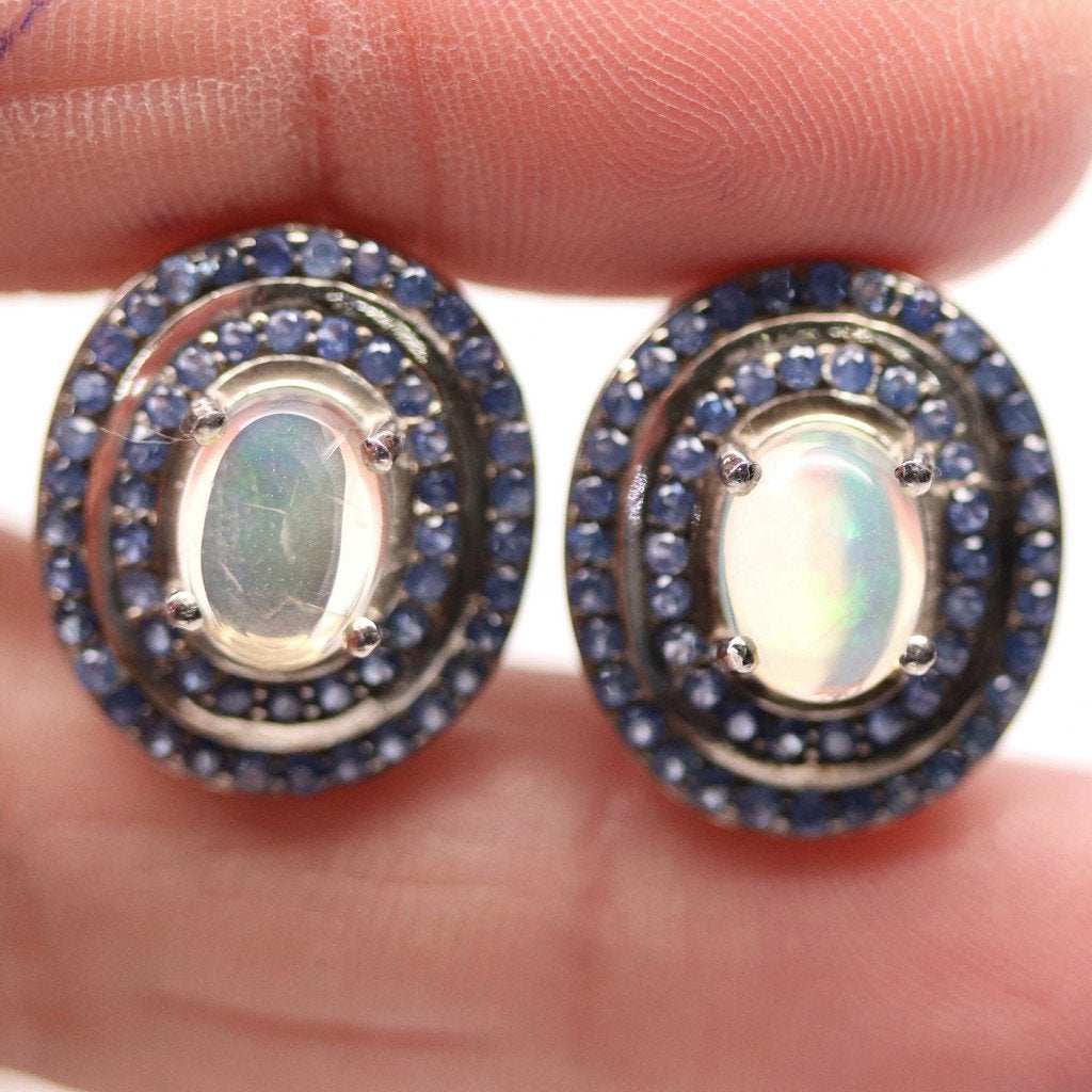 oorbellen 925 zilver 14 k wit goud verguld Opaal en Saffier, Blauw, Nieuw, Ophalen of Verzenden, Met edelsteen