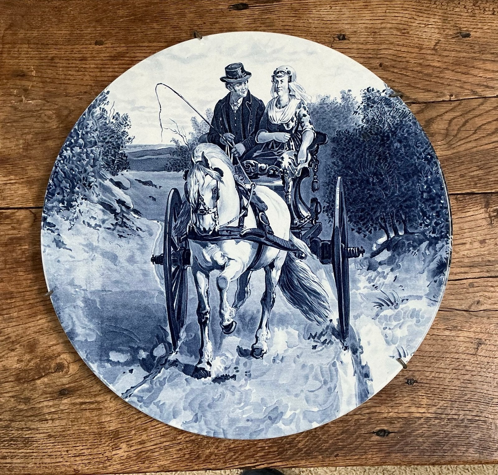 Antiek Delfts Blauw Wandbord - Paard en Wagen Scène, Antiek en Kunst, Ophalen