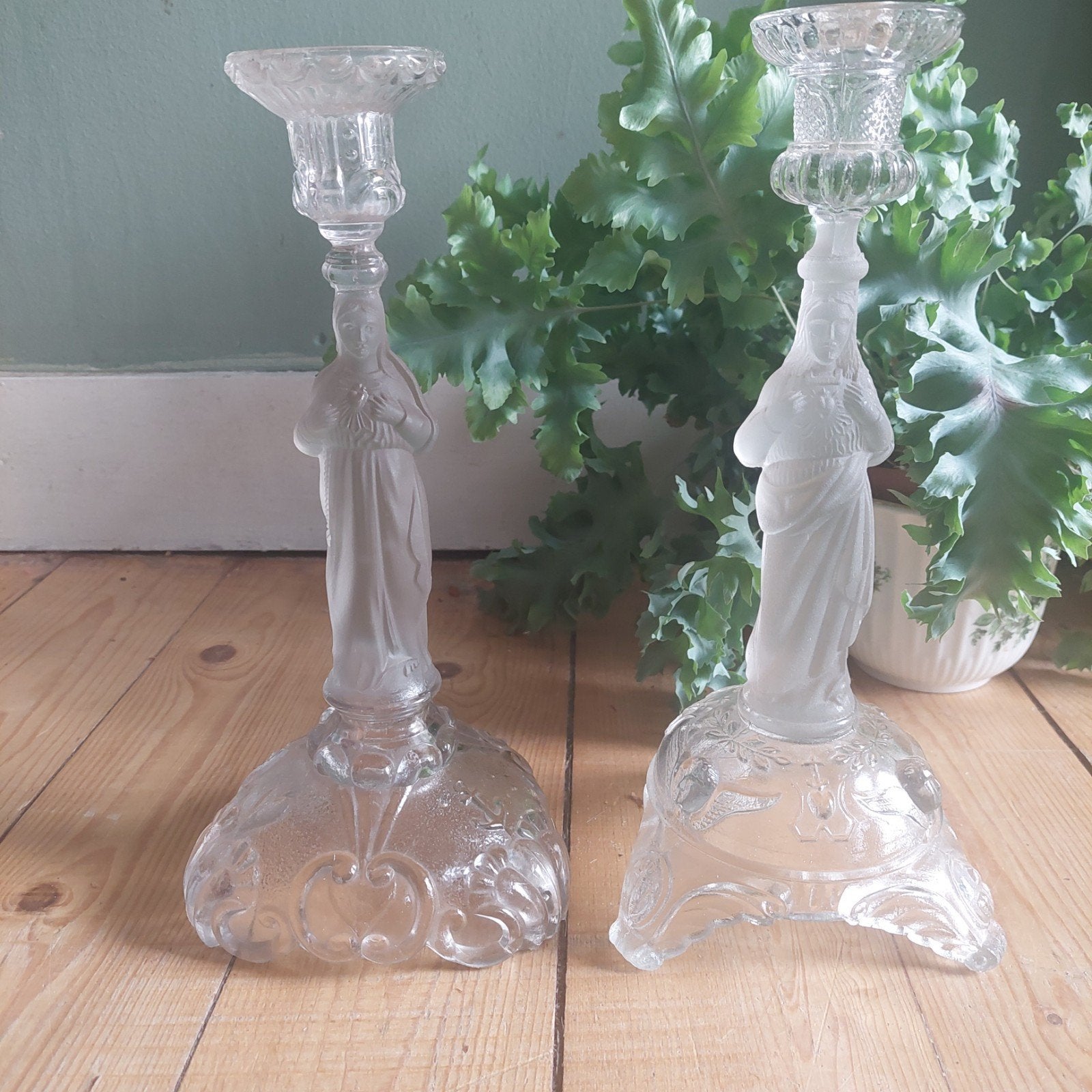 Lucky Vintage Val St Lambert stijl glazen kandelaars, Ophalen of Verzenden, Zo goed als nieuw, Overige typen, Christendom | Katholiek