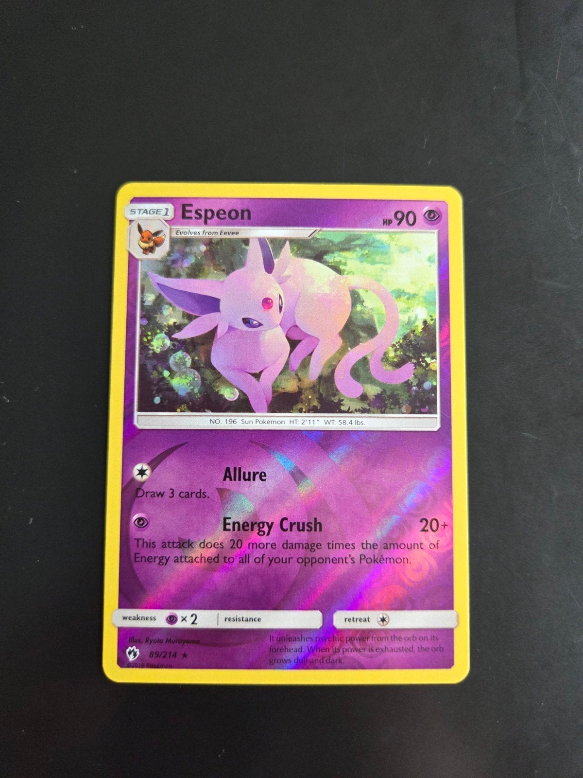 Pokémon Espeon 89/214 Sun & Moon Lost Thunder Kaart, Ophalen of Verzenden, Zo goed als nieuw, Losse kaart, Foil