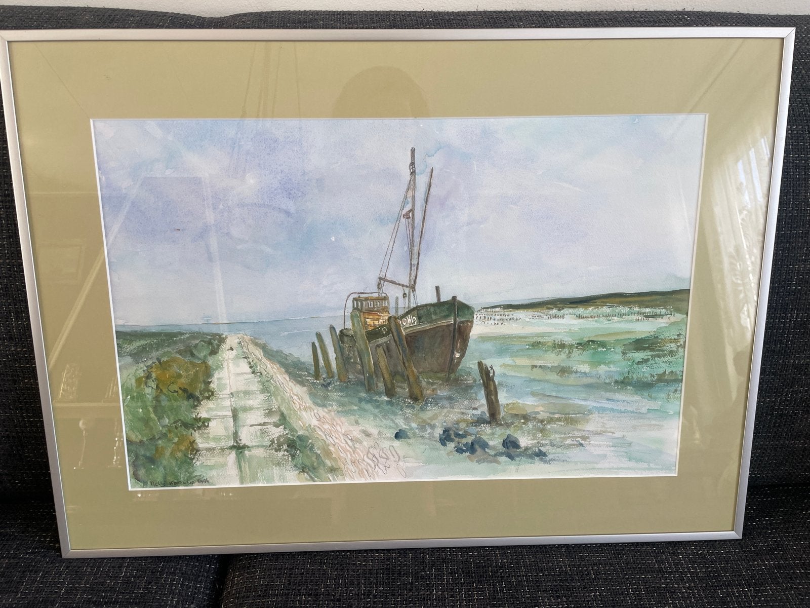 Ingelijste aquarel: Maritiem landschap met schip, Antiek en Kunst, Maritiem / water, Realistisch, Ophalen of Verzenden, Aquarel