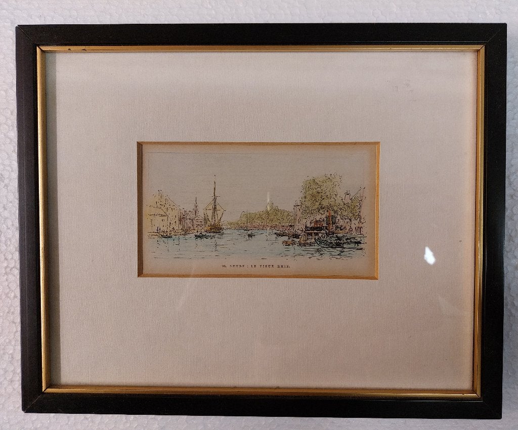 Zeevaartschool en Galgewater Leiden gekleurde prent Antiek, Antiek en Kunst, Ingelijst, Ophalen of Verzenden