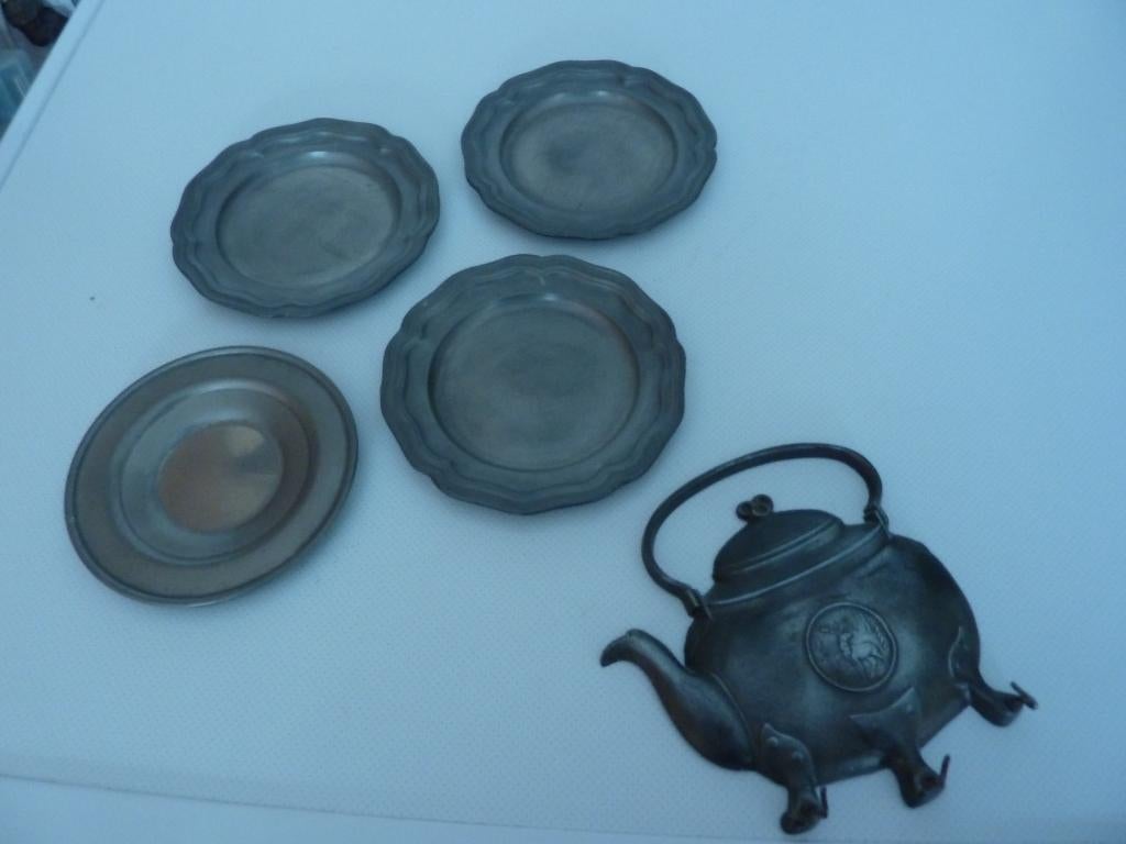 oude tinnen wand sleutelhanger met 4 bordjes, Antiek en Kunst, Ophalen of Verzenden