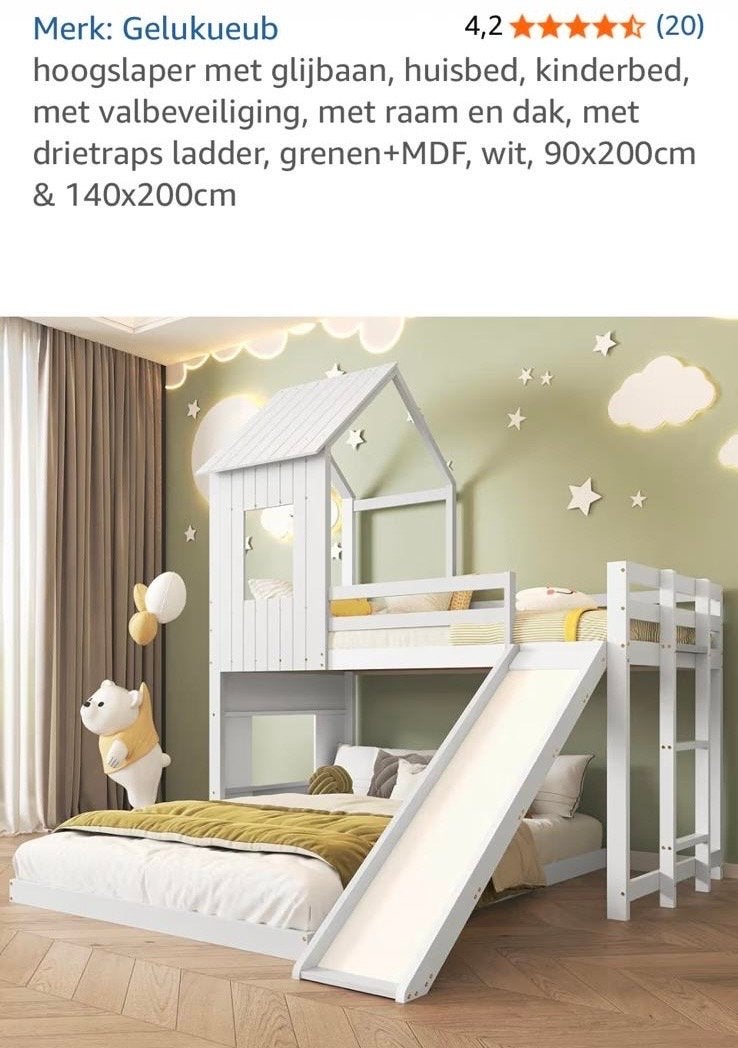 Gelukueub Hoogslaper met Glijbaan en Huisbed - Wit, Kinderen en Baby's, Kinderkamer | Bedden, Ophalen, Hoogslaper of Stapelbed
