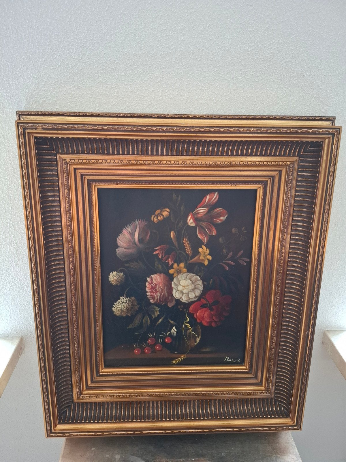Klassiek bloemstilleven olieverfschilderij in lijst, Bloemen, Paneel, Handgeschilderd, Ophalen of Verzenden