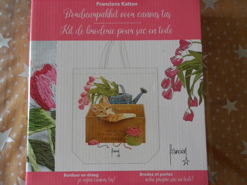 Borduurpakket voor canvas tas Franciens katten, Ophalen, Nieuw, Handborduren, Borduurpakket