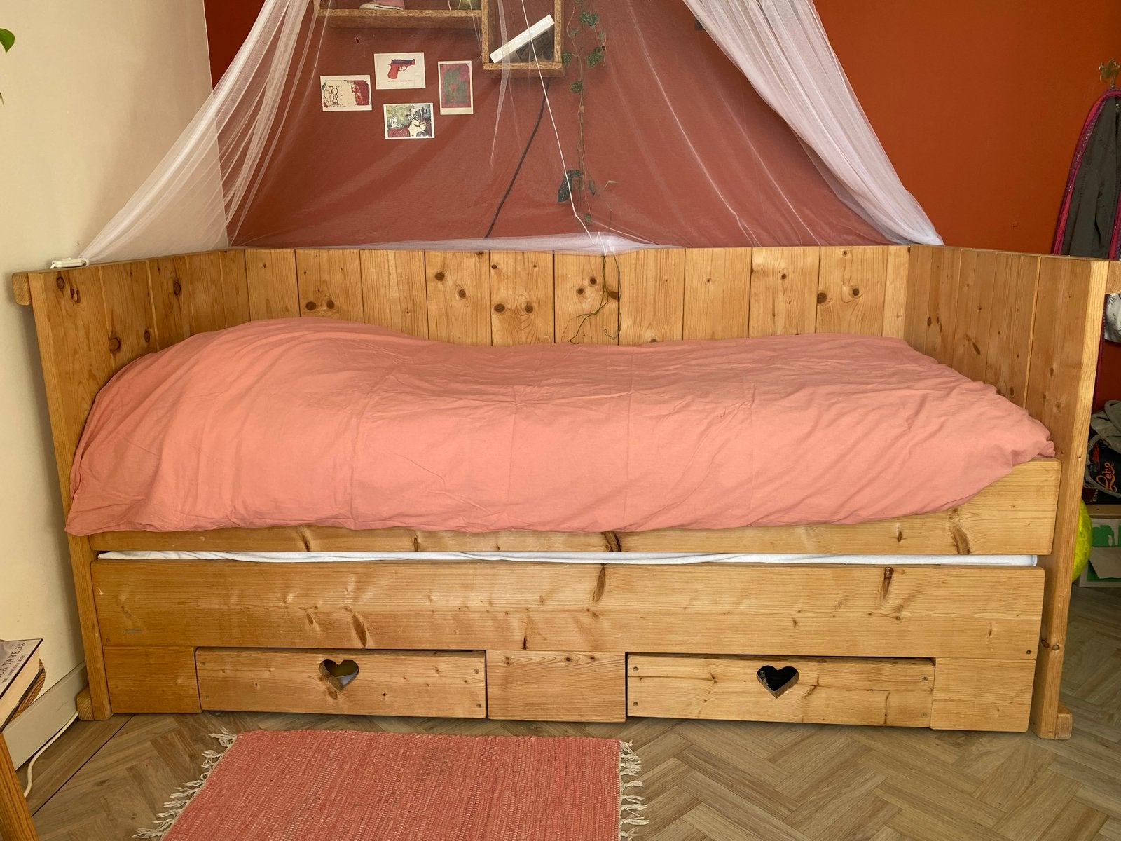 Houten bed met 2 lades met uitrekbaar bed voor loges, Ophalen, Gebruikt, Eenpersoons, Bruin