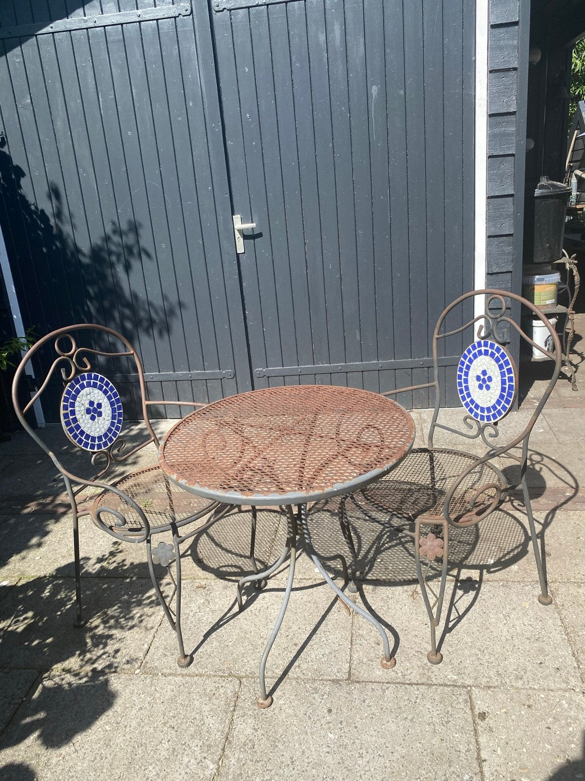 Super leuke Vintage bistro tuinset zwaar metaal met mozaïek, Overige materialen, Gebruikt, Eettafel, Tuinset
