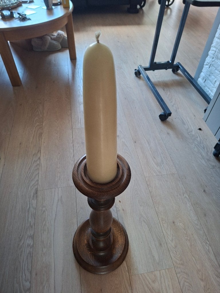 eiken houten kandelaar met kaars, Ophalen, Zo goed als nieuw, 57 cm, Crème