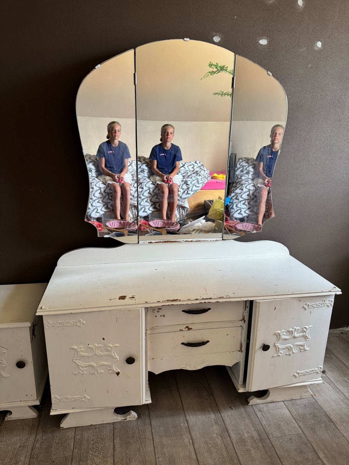Vintage kaptafel met 3-delige spiegel en nachtkastjes, Ophalen