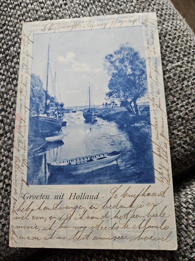 Groeten uit Holland, gracht met boten, Ophalen of Verzenden, Voor 1920, Gelopen