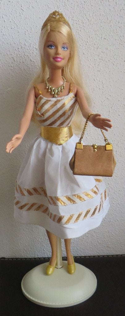 Barbie met Witte jurk met Goudkleur Streepjes ,Vintage, Ophalen, Zo goed als nieuw, Pop
