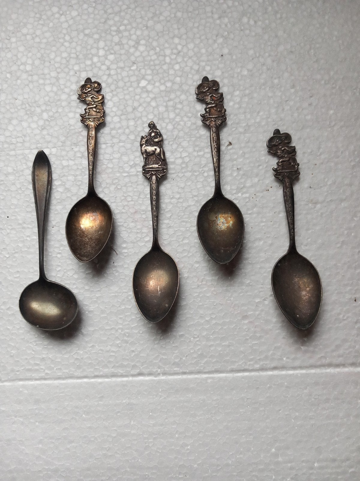 Set van 5 antieke verzamellepels, zilverkleurig, Ophalen of Verzenden