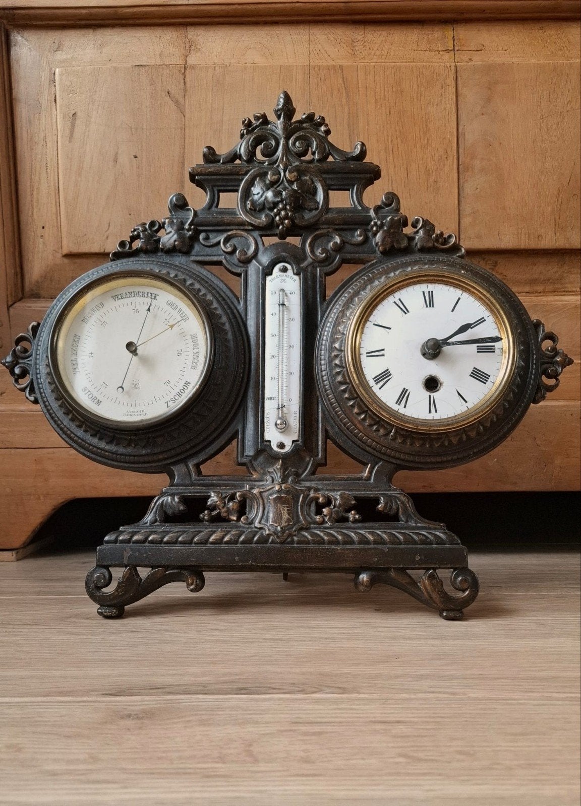 Antieke tafelklok met aneroïde barometer en thermometer, Ophalen, Gebruikt, Weerstation