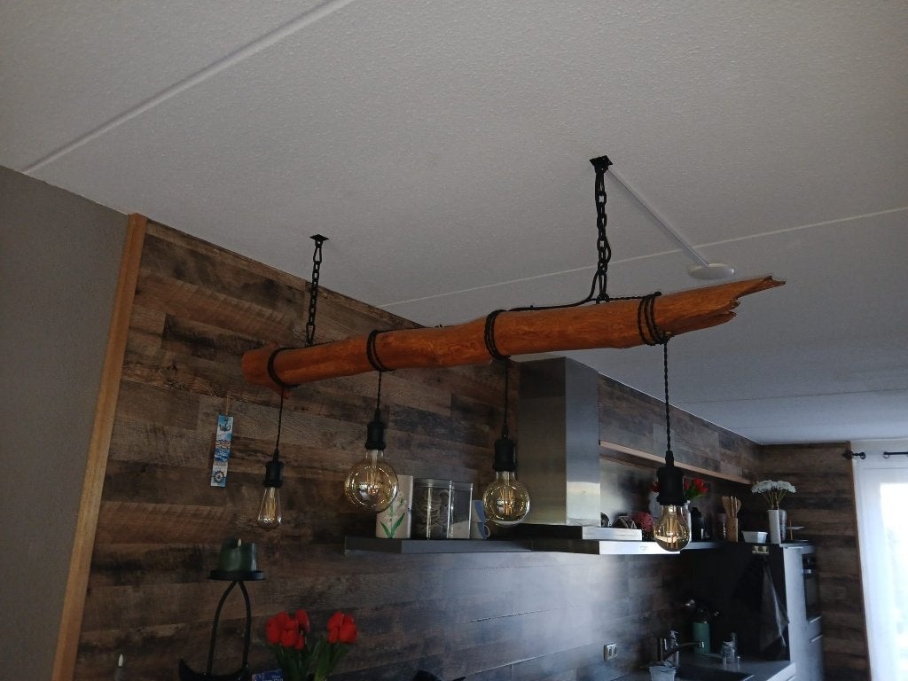 industriële boomstamhanglamp 211cm, Ophalen, Gebruikt, Hout, E27 (groot)