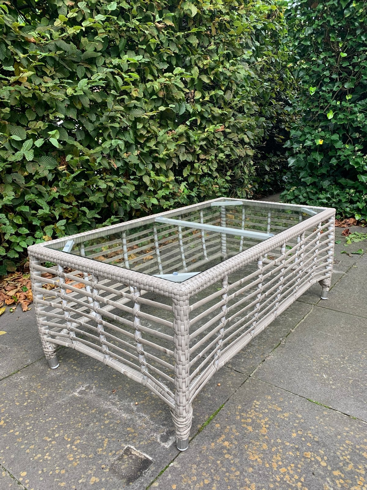 Manifesto tuintafel met glazen blad voor loungeset, Ophalen, Gebruikt, Rechthoekig, Kunststof
