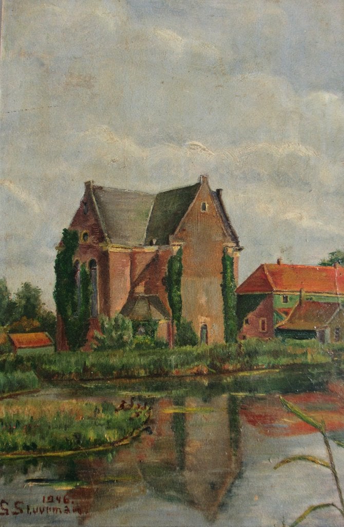 G. Stuurman: Grote Kerk Westzaan in 1946, Ophalen of Verzenden, Ingelijst