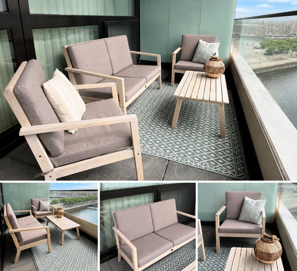 Balkon Loungeset met Bankje, 2 Stoelen en Tafel, Ophalen, 4 zitplaatsen, Hardhout, Zo goed als nieuw